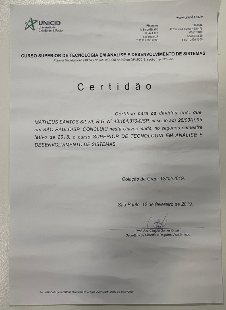 Certificado de Tecnólogo em Análise e Desenvolvimento de Sistemas — UNICID